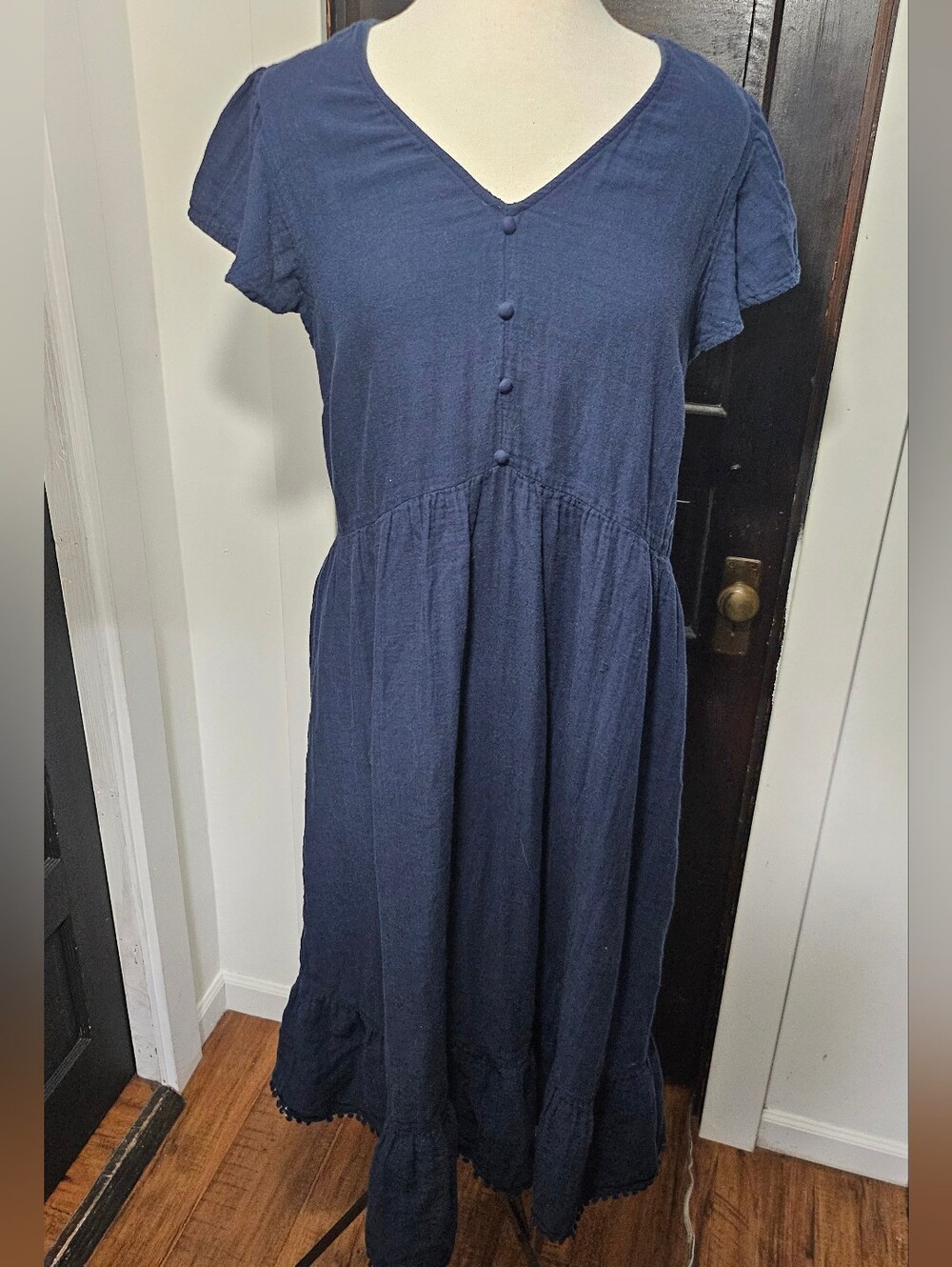Time and Tru Navy Baby Doll Dress XL Ruffled Sleeve Midi Casual Lounge